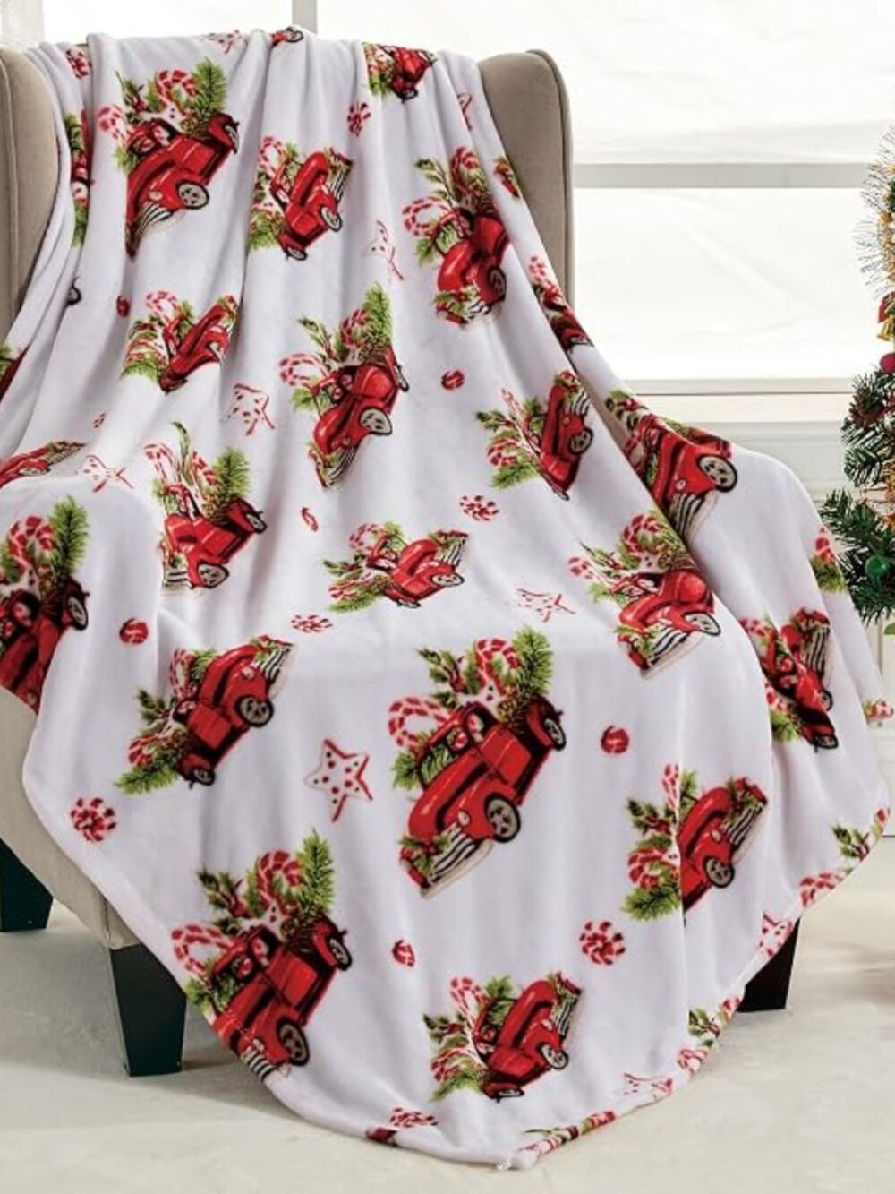 Chritmas Red Truck Plush Throw Blanket 50x60